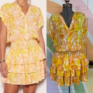 Tart Kalli Mini Dress Smocked Elastic Waist Flutter Hem Sz Small 💚🍄